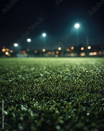 Night-lit artificial turf field, close-up view, shallow depth of field, blurred lights in background suggesting a stadium or sports complex