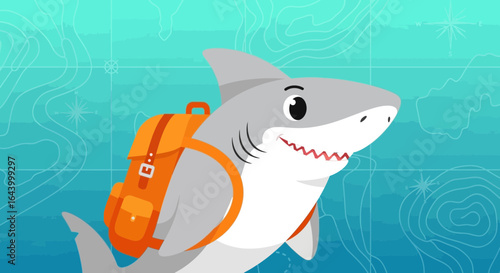 Adventurous cartoon shark character with backpack, ready for exploration and discovery around the world