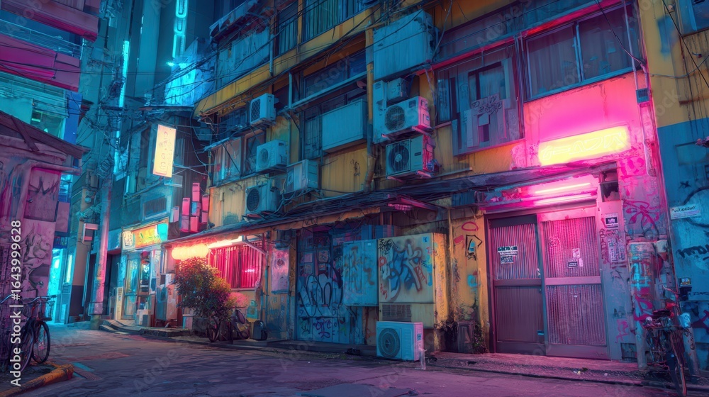 Fototapeta premium Vibrant Neon Urban Street Art in Atmospheric City Scene
