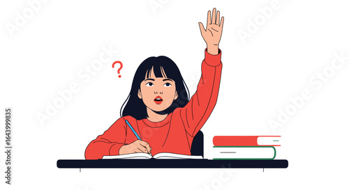 A young girl raises her hand in a classroom while studying hard and asking questions