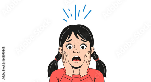 Shocked expression of a young girl with her hands on her cheeks and her eyes wide open showing fear