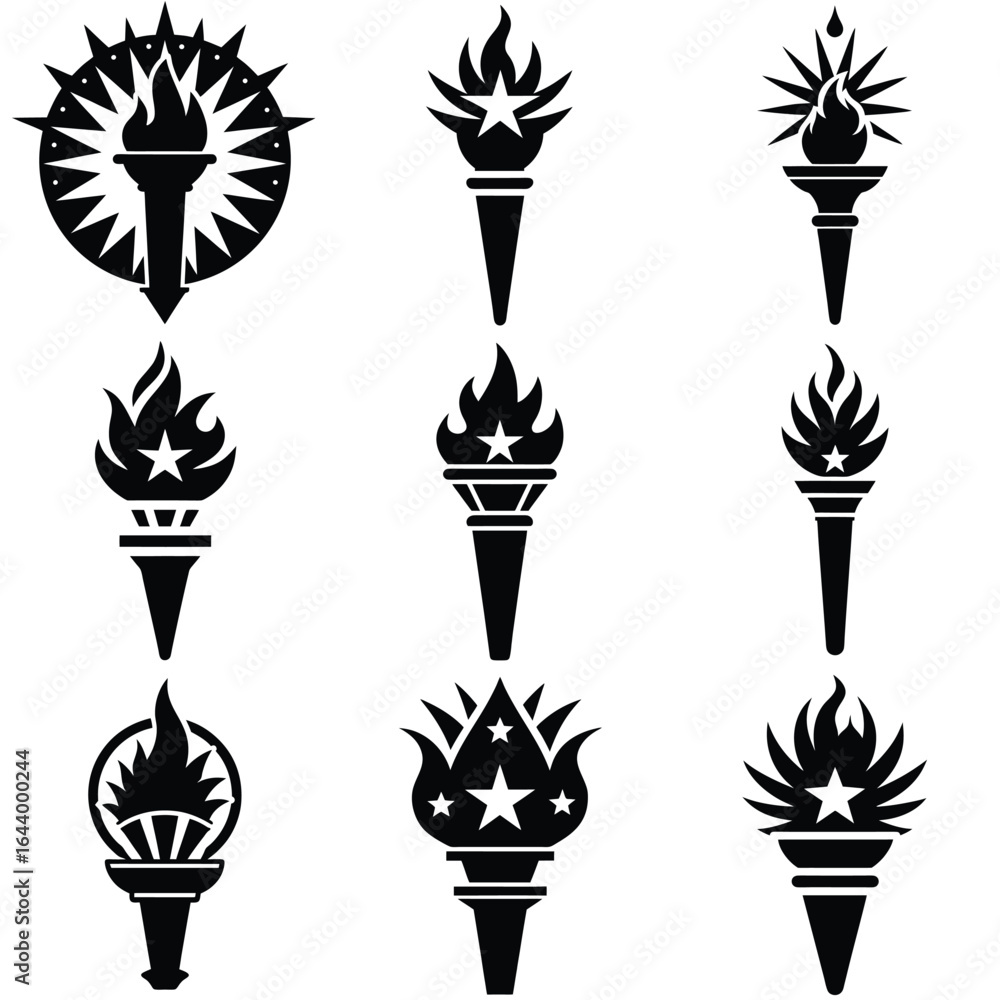 Naklejka premium A set of stylized torch vector designs with flames, stars, and emblems