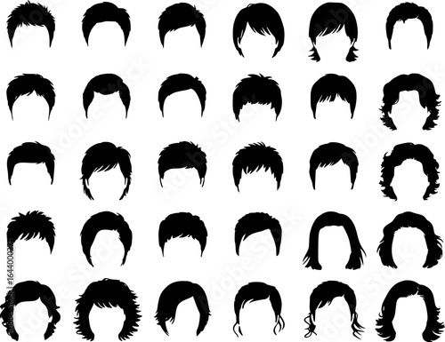 Diverse collection of black hair silhouettes showcasing various styles and lengths