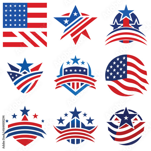 Collection of nine different patriotic design elements featuring red, white and blue