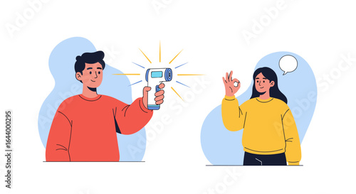 People checking temperature with infrared thermometer in modern style