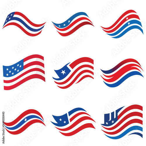Nine variations of waving USA patriotic flags and symbols on white