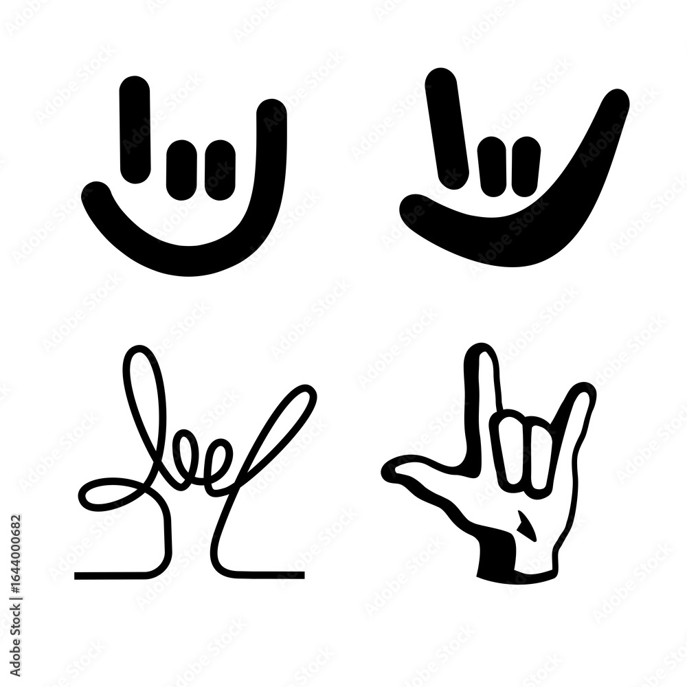 Fototapeta premium Vectorized hand sign for 'I Love You' (deaf ILY) — icon set in various styles.