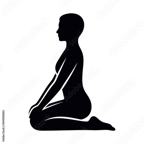 A black silhouette of a woman kneeling with her legs tucked beneath her, arms resting on her knees, in a serene yoga posture.