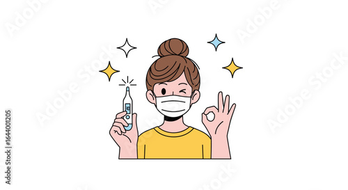 Young woman wearing face mask holding thermometer showing normal temperature with okay gesture