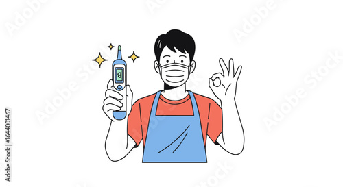 Man in apron wearing mask holding thermometer showing normal temperature with ok hand sign