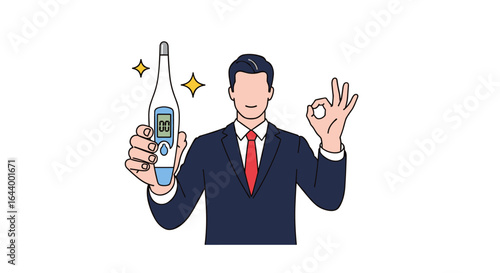 Businessman showing a thermometer and giving an ok hand gesture