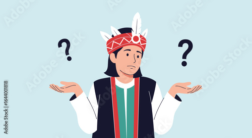 Person in traditional headdress pondering decisions with question marks overhead