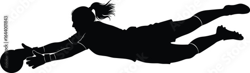 Dynamic Silhouette of a Female Soccer Goalkeeper Diving to Save the Ball, Athletic Woman Making a Crucial Block in a High-Stakes Game, Intense Sports Action, Decisive Moment.