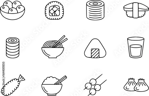 Japanese food icons with sushi rice noodles dumplings and tempura vector