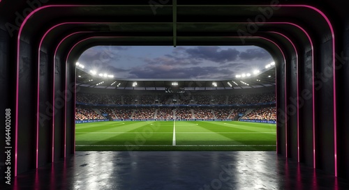 A sports photographer's dream shot, capturing the emotional journey from the dark tunnel to the bright, energetic football field