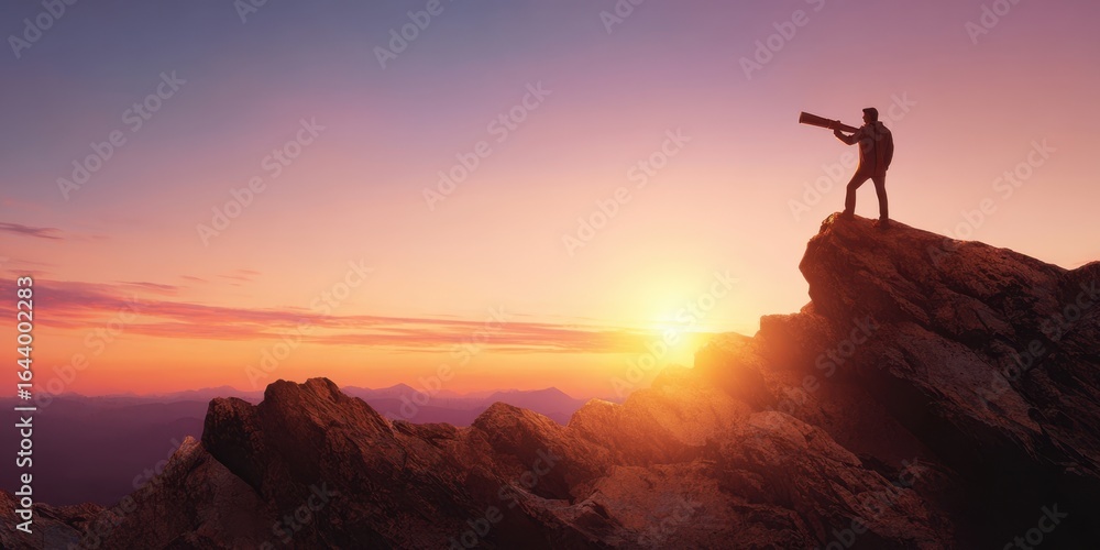 The silhouette of a person standing triumphantly on a mountain peak at sunset. The silhouette of a person standing triumphantly on a mountain peak at sunset.