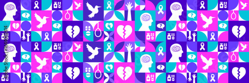 National Suicide Prevention Month bird, love and awareness icon Geometric shape pattern background, banner, card or poster design template is observed every year during September