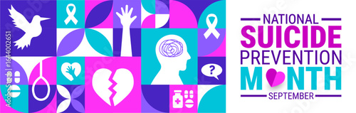 National Suicide Prevention Month bird, love and awareness icon Geometric shape pattern background, banner, card or poster design template is observed every year during September