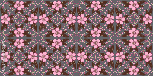 Complex seamless pattern of flowers. Classic plant ornament. Calm soft colors. Elegant ornate floral decor. Pink flowers and brown leaves on dark gray background.