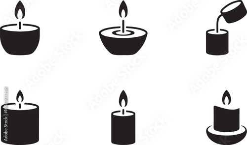 Collection of Candle and Diya Light Silhouette Icons.