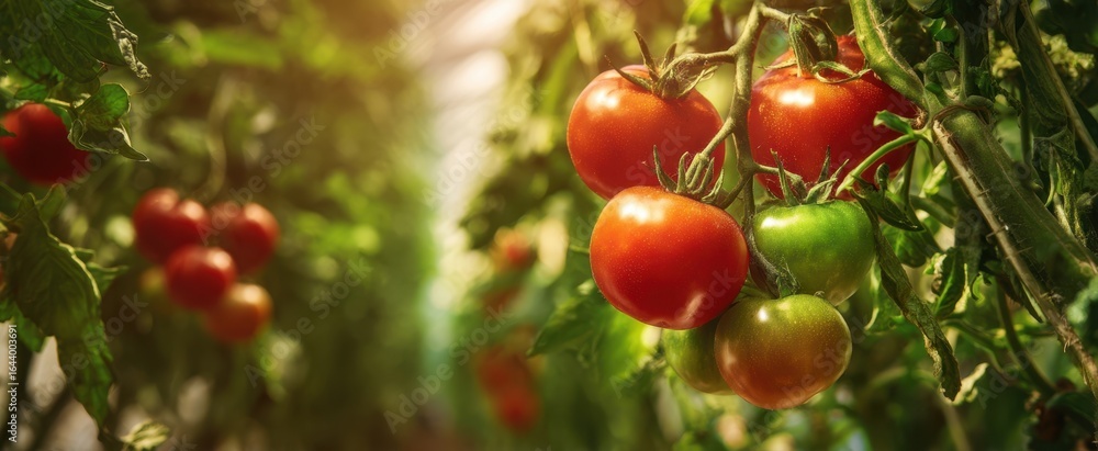 Fototapeta premium The vibrant tomatoes ripening in a sunlit greenhouse garden setting.