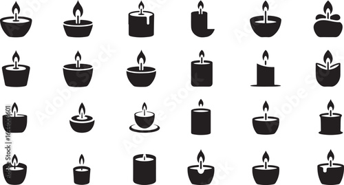 Collection of Candle and Diya Light Silhouette Icons.