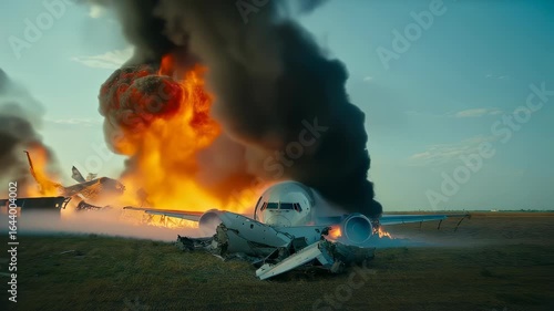 Airplane Crash Fire Disaster: A Burning Aircraft Wreckage