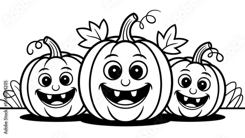 Three happy cartoon pumpkins with grinning faces and missing teeth