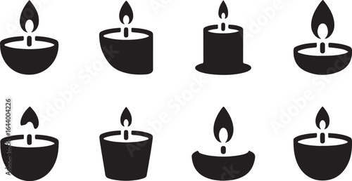 Collection of Candle and Diya Light Silhouette Icons.