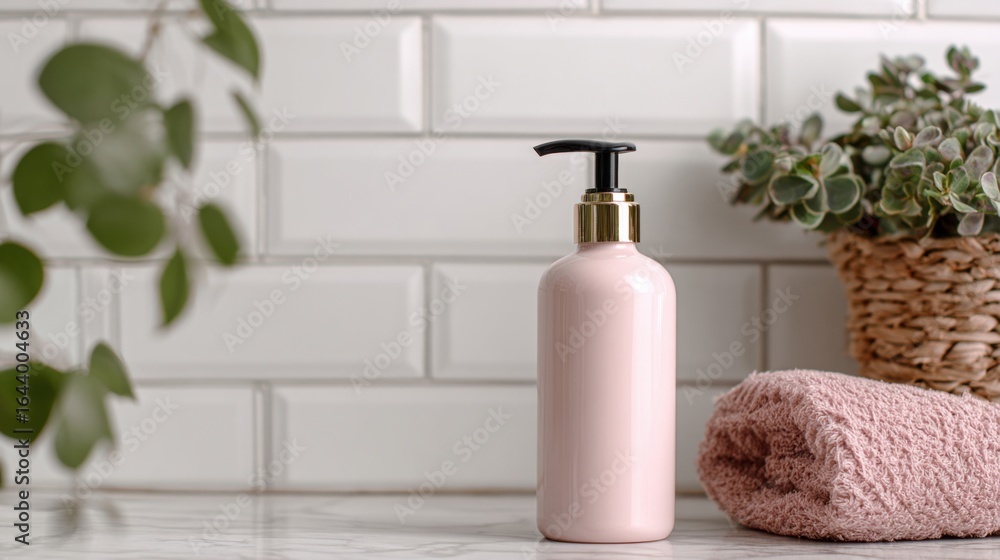 a bottle of lotion sitting on a counter next to a towel a bottle of lotion sitting on a counter next to a towel