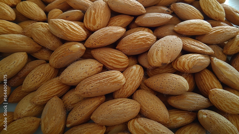 Fototapeta premium Full-frame camera capture at 50mm focal length, neat diagonal alignment of almonds, sharp textures in the foreground, natural side light creating subtle shadow depth