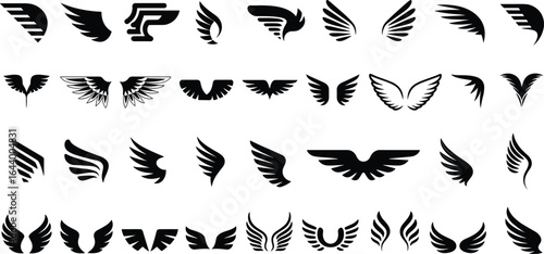 Collection of black and white wing icons in various styles, a flat vector illustration set for freedom, angels, and flight