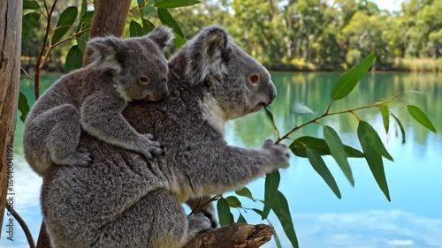 A mother koala carrying her baby on her back while eating eucalyptus leaves beside a calm blue lake. The scene reflects the peaceful and nurturing nature of wildlife in its natural habitat.
