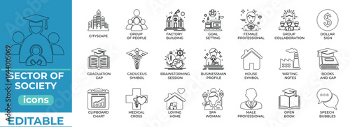 sector of society vector icons for education, business, healthcare, and community design projects