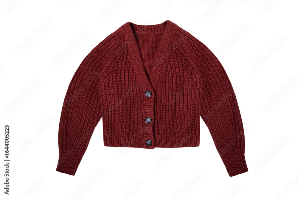 Fototapeta premium Red knitted sweater with buttons isolated on white background