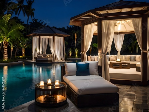 Luxury Poolside Cabana at Night with Ambient Lighting