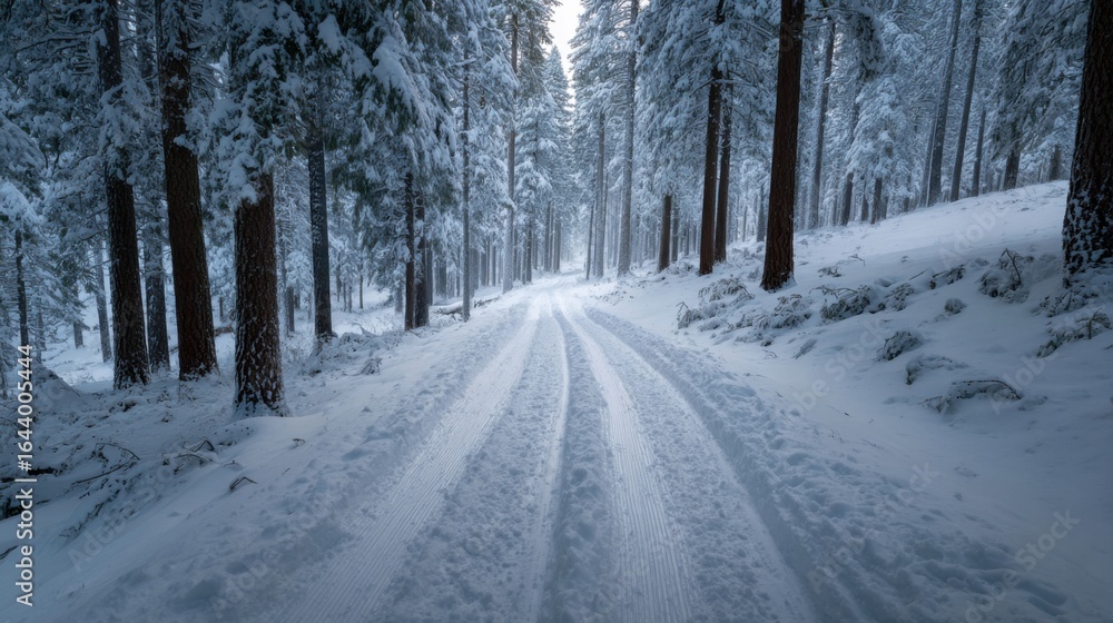 Fototapeta premium a snowy road in the woods with tracks in the snow