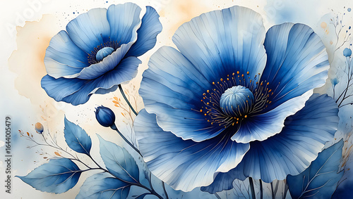 Elegant Blue Poppy Watercolor Painting with Golden Accents and Delicate Leaves Botanical Art for Wall Decor Home Decor