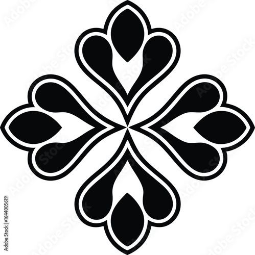 Black and white symmetrical floral motif with layered petals vector