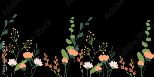 Various types and sizes of peach blossoms in pink, white, and red colors against a black background.