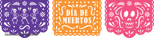 Decoración día de muertos papel picado esqueleto y letrero en color morado anaranjado y rosa