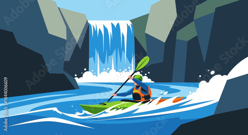 Adventurous kayaking trip through river rapids near a majestic waterfall scenery