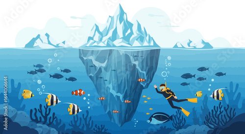 Adventurous Scuba Diver Exploring Iceberg Underwater Habitat With Tropical Fish