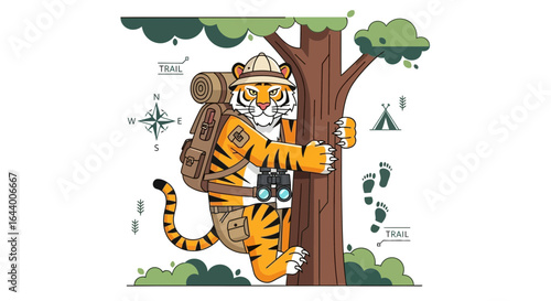 Adventurous tiger explorer in the wilderness cartoon illustration for kids and wildlife enthusiasts