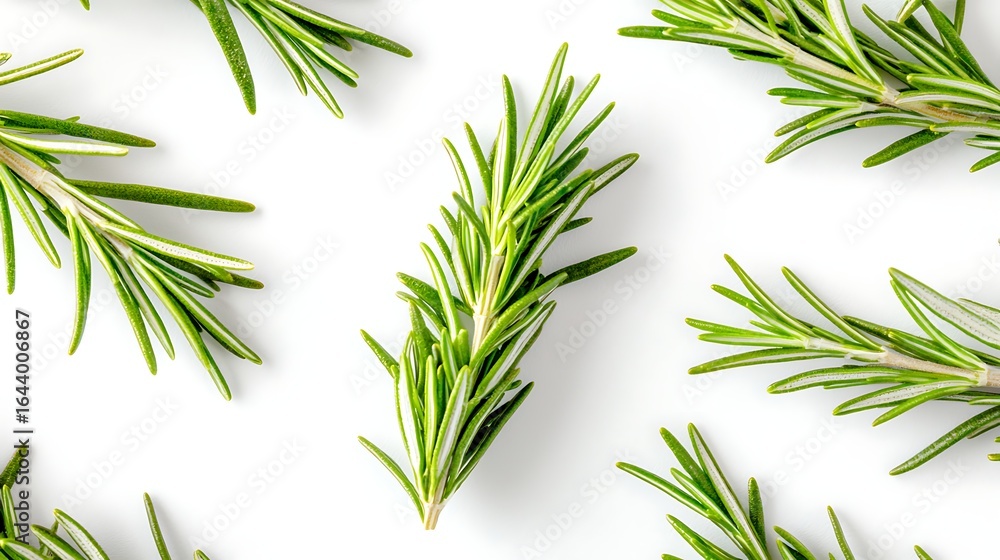 Obraz premium Professional overhead composition with 85mm lens, rosemary sprigs evenly spaced in parallel lines, focus on central section for sharpness, pure white background evenly lit