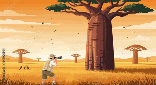 African Savannah Adventure: Photographer Capturing Majestic Baobab Tree Scenery during Sunset