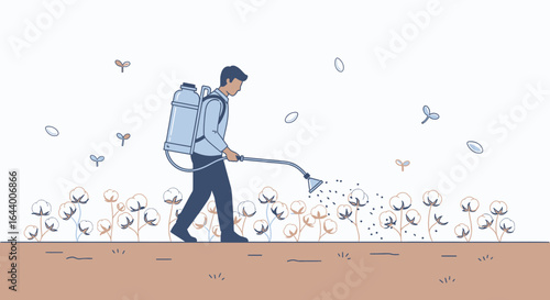 Agricultural worker spraying pesticides on cotton field with backpack sprayer illustration