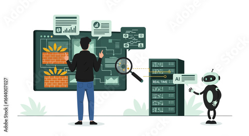 AI-Powered Cybersecurity: Man Overseeing Data Analysis with AI Robot Assistance in Data Centers for Enhanced Security