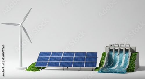 A wind turbine solar panels and a hydroelectric dam on a white background