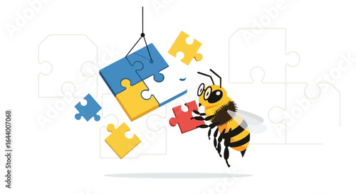 Bee building puzzle pieces concept representing teamwork collaboration and problem solving